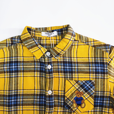 Winter Holiday Children Top with Turn-down Collar and Cartoon Pattern in Plaid Cotton