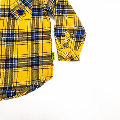 Winter Holiday Children Top with Turn-down Collar and Cartoon Pattern in Plaid Cotton