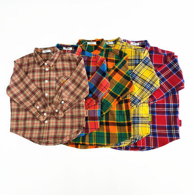 Winter Holiday Children Top with Turn-down Collar and Cartoon Pattern in Plaid Cotton