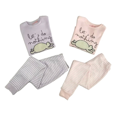 Anti-wrinkle Breathable Design Purple Long Sleeve 2-piece Kids Sleepwear Set in Cotton