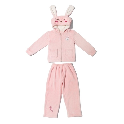Children's Sleepwear Sets with Warm Coral Fleece Fabric and Cute Rabbit 3D Hat