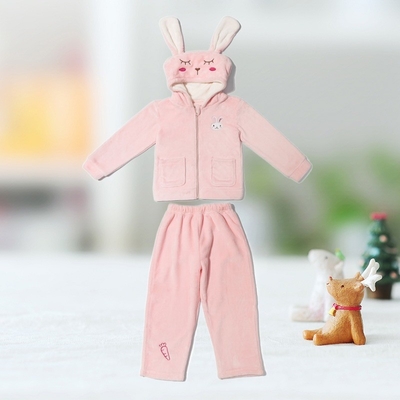 Children's Sleepwear Sets with Warm Coral Fleece Fabric and Cute Rabbit 3D Hat